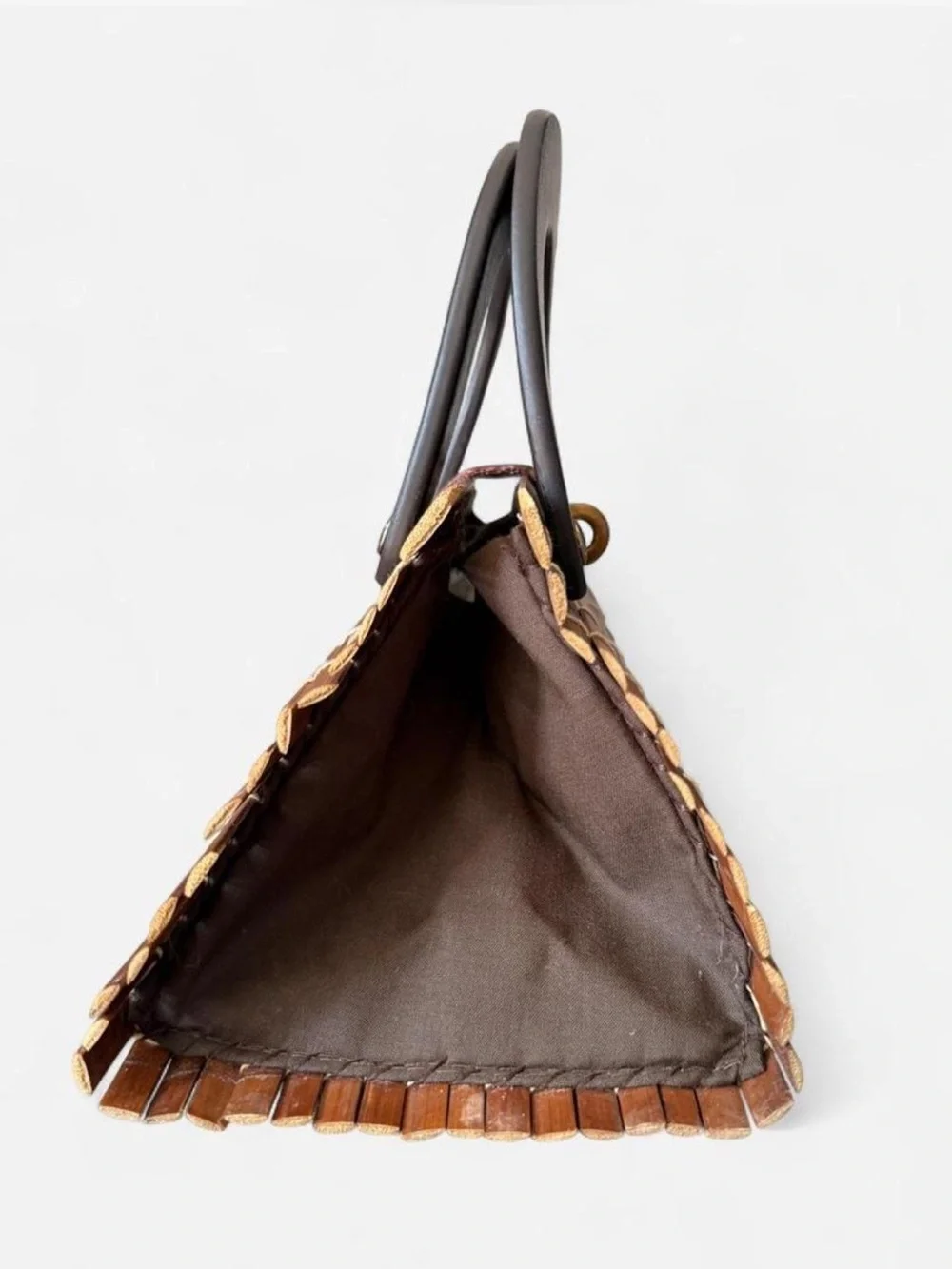 Vintage Brown Bamboo Handbag with White Stitching and Dark Brown Top Handles